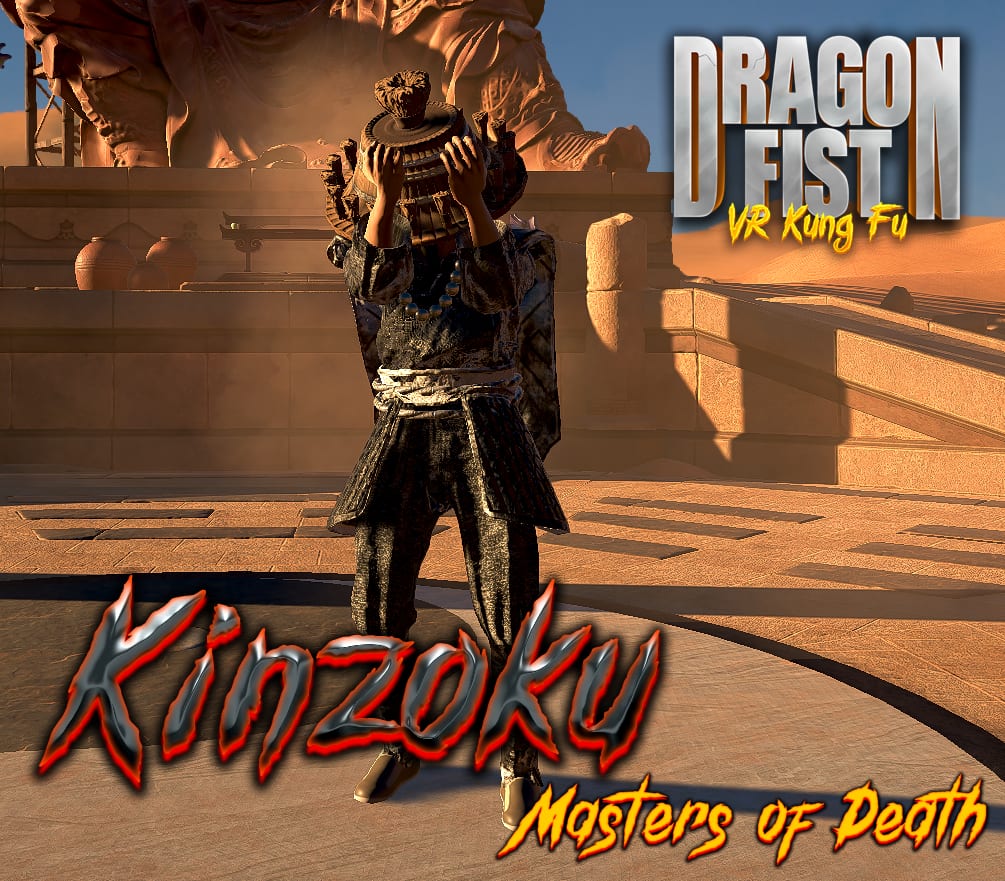 Kinzoku character card for the Masters of Death DLC, the armored ronin with fists raised at the desert shrine