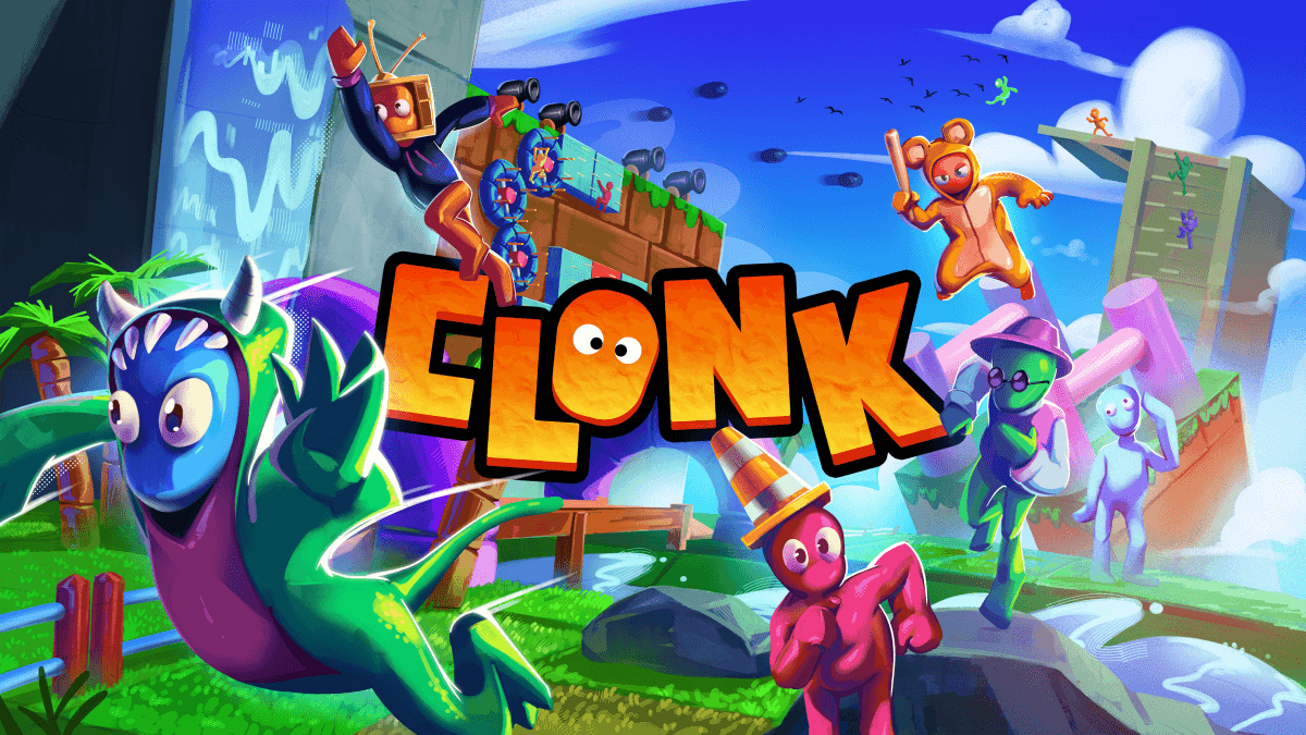 Clonk key art with colorful clay-molded characters scrambling over a bright obstacle-course world
