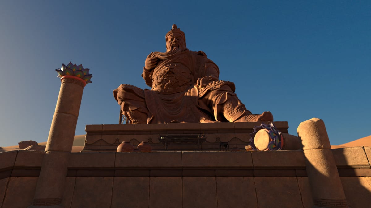 The Desolate Desert level, a colossal seated stone warrior statue looming over the shrine against a clear blue sky