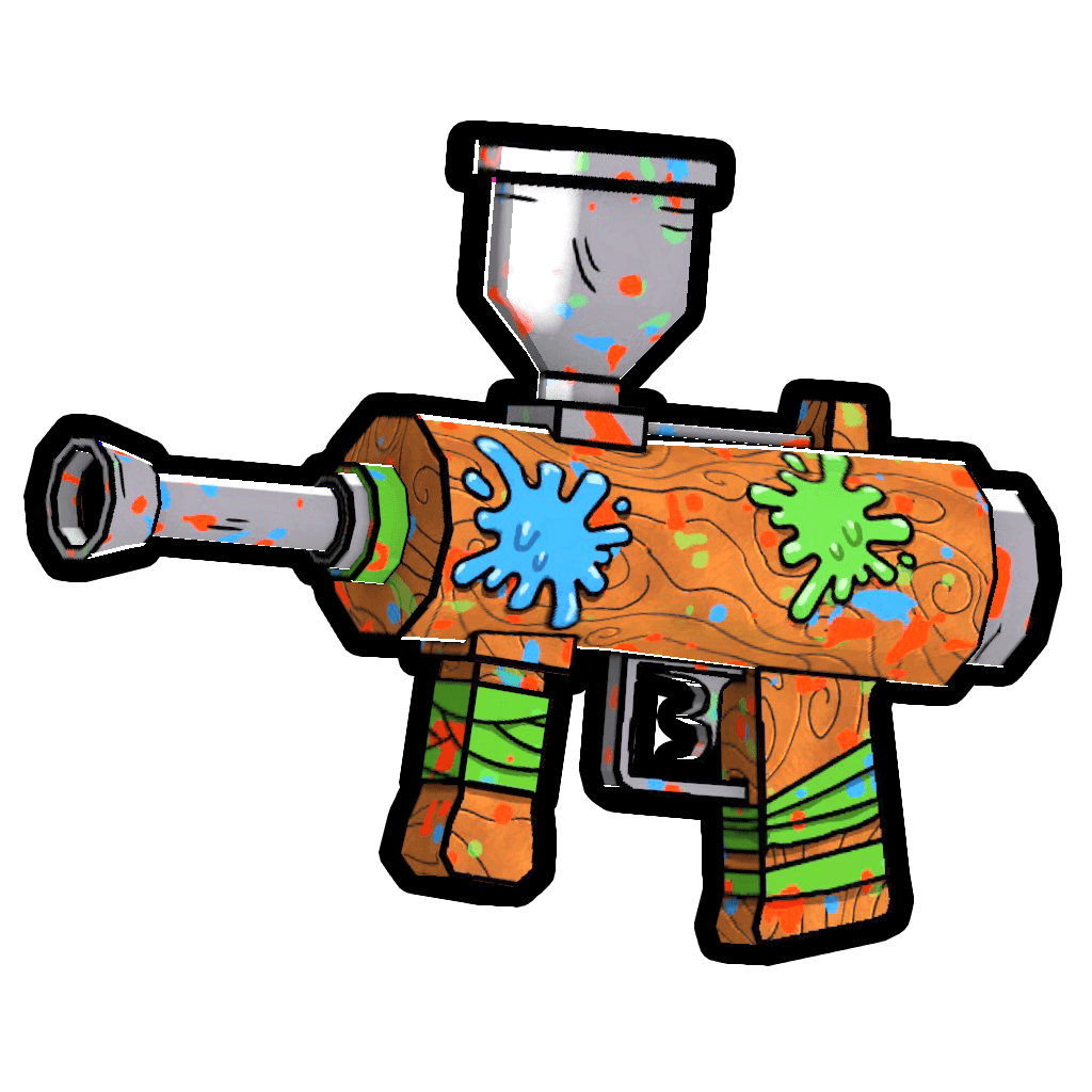 Monkey Doo paintball gun item icon, an orange and green marker splattered with blue and green paint
