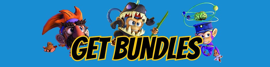 Get Bundles banner with three costumed Monkey Doo characters on a blue background