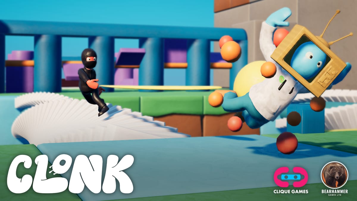 Clonk announcement banner: a ninja clay figure sliding past a TV-headed character, with studio logos