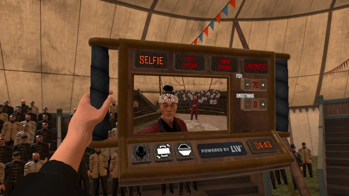 Player holding the LIV Creator Kit tablet in Dragon Fist, set to Selfie mode with a live view of the fighter in the arena