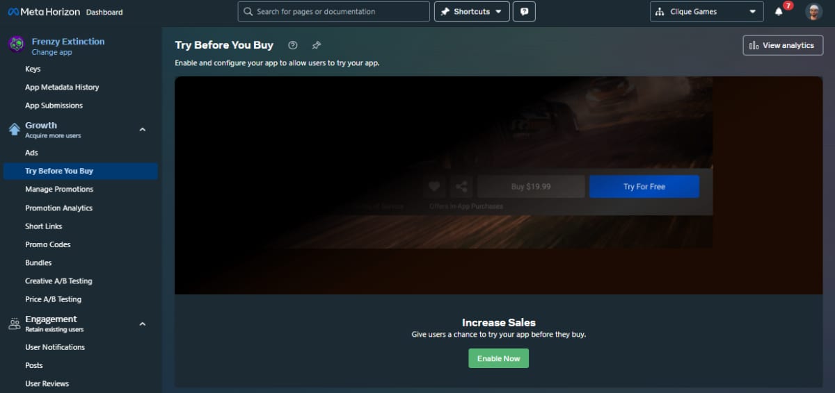 Try Before You Buy setup page for Frenzy Extinction with a trial preview player and an Enable Now button