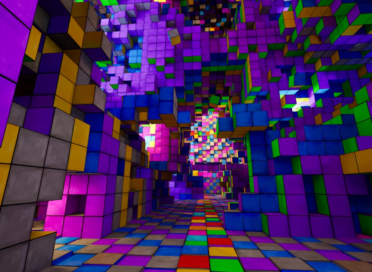 Scared By Squares corridor built entirely from glowing neon cubes, leading deeper into The Cube