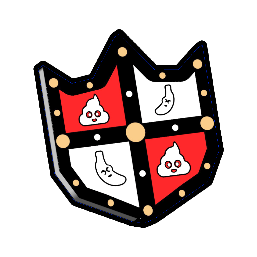 Knight Shield Battle Pass cosmetic: a quartered red-and-white shield bearing banana and poo crest emblems