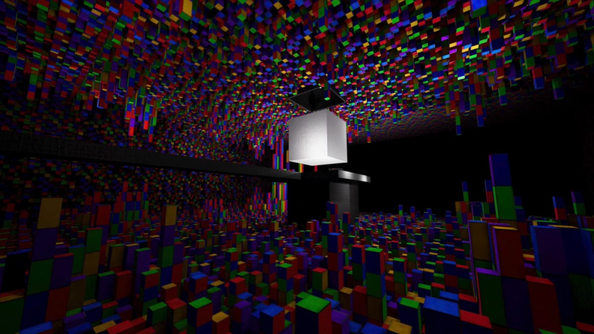 Glowing white cube suspended in a room of scattered multicolored blocks in Scared By Squares