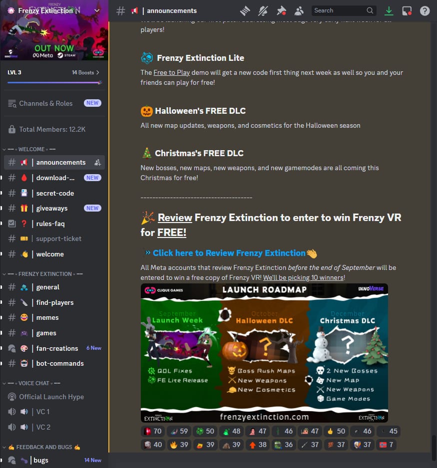 Frenzy Extinction Discord announcements channel at 12.2K members, posting the launch roadmap of free DLC drops