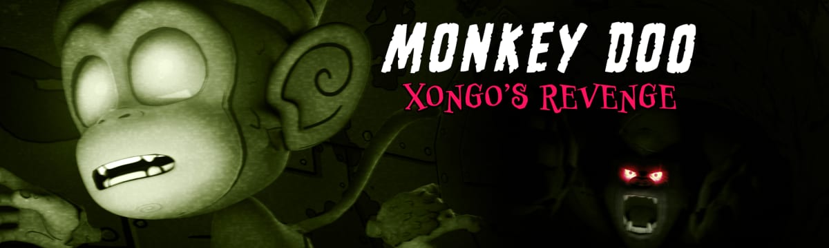 Monkey Doo: Xongo's Revenge banner, a frightened monkey and a red-eyed corrupted creature in sickly green light