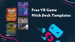 Promo for Clique Games' free VR game pitch deck templates, showing several template covers