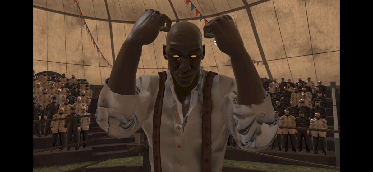 Zombify mode: a glowing-eyed zombie fighter raising both fists inside the circus tent arena as the crowd watches