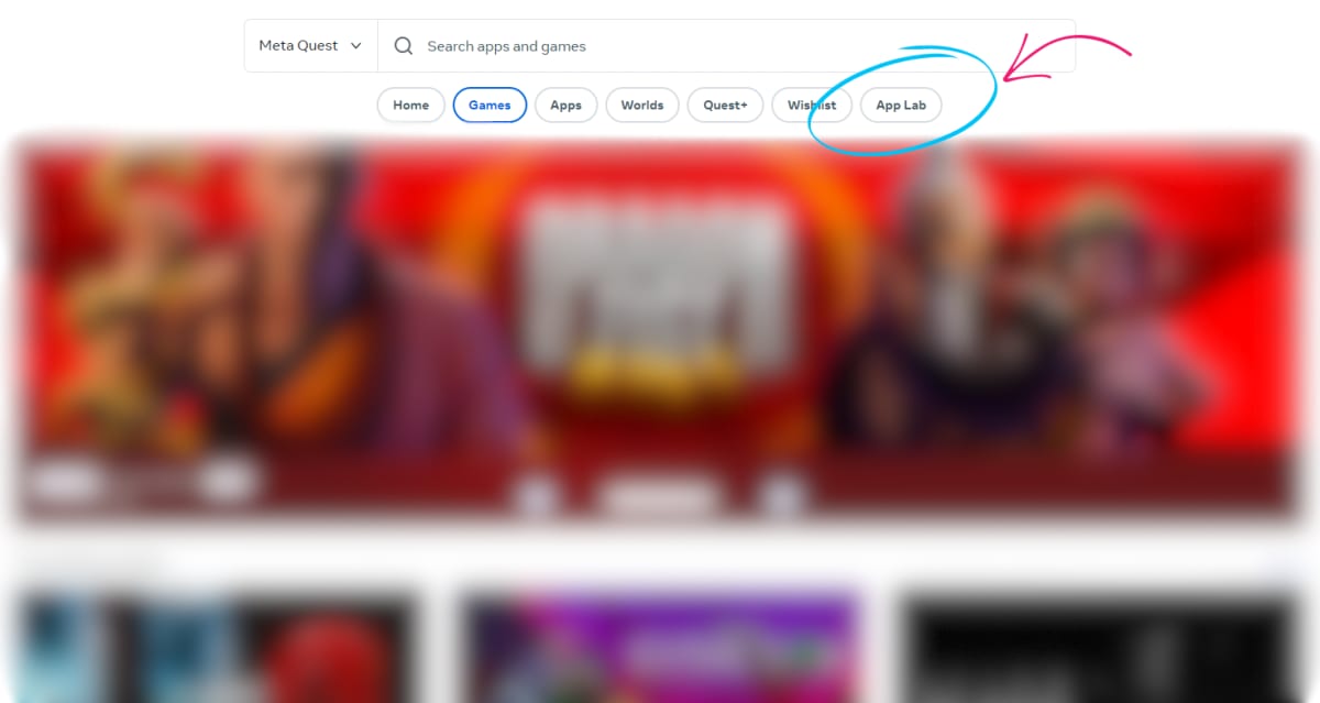 Meta Quest store page with the Games tab circled and an arrow pointing to the App Lab tab
