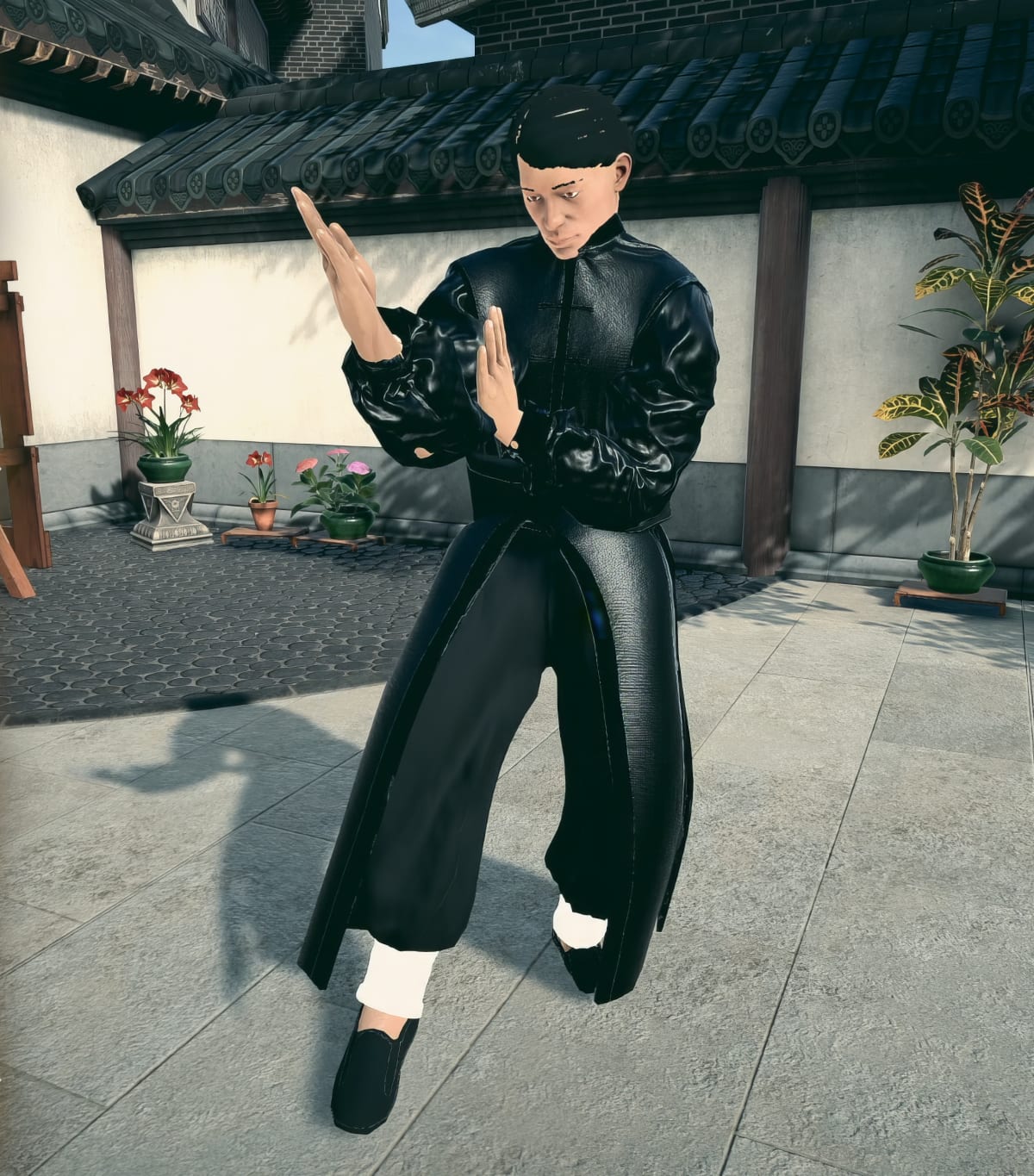 Custom Fighter Forge character in a long black leather coat holding a kung fu guard in a courtyard garden