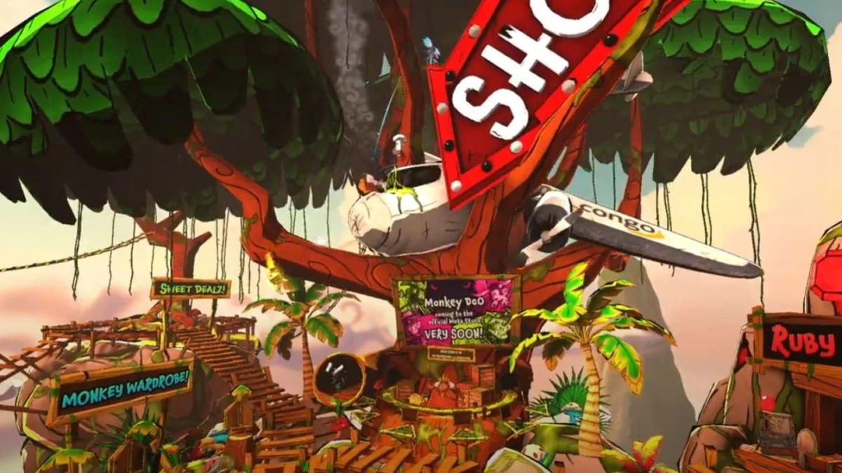 Monkey Doo hub tree covered in wooden signposts pointing to Monkey Mansion, Sweet Dealz, and the Ruby Mine