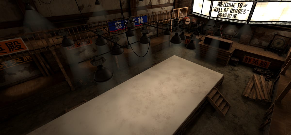The Hall of Heroes arena, a dim underground fight club with hanging lamps over a raised mat