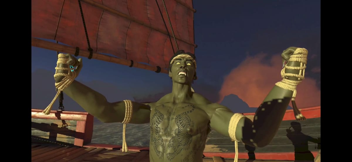 Zombify mode: a tattooed green zombie fighter squaring up on the junk ship deck at dusk