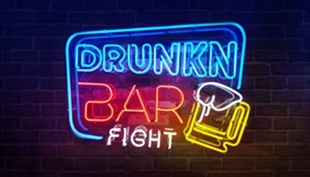 Drunkn Bar Fight logo in neon sign lettering with a glowing beer mug on a brick wall