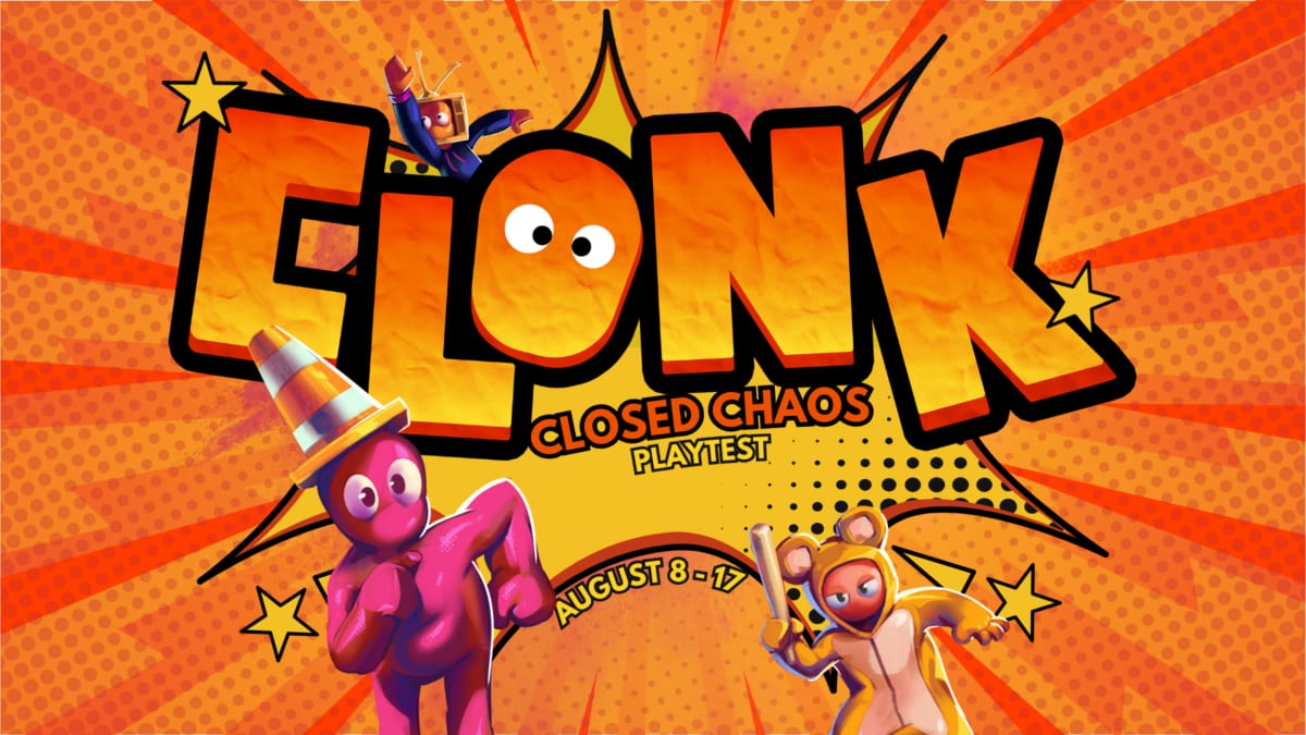 Clonk Closed Chaos playtest banner dated August 8-17, with clay characters around the comic-style Clonk logo