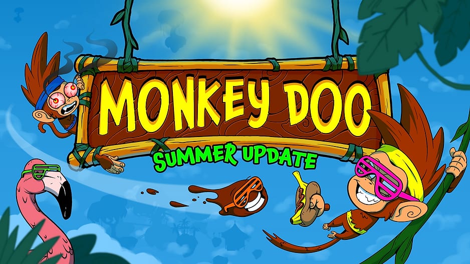 Monkey Doo Summer Update banner: a wooden jungle sign with cartoon monkeys, a flamingo float, and flying doo