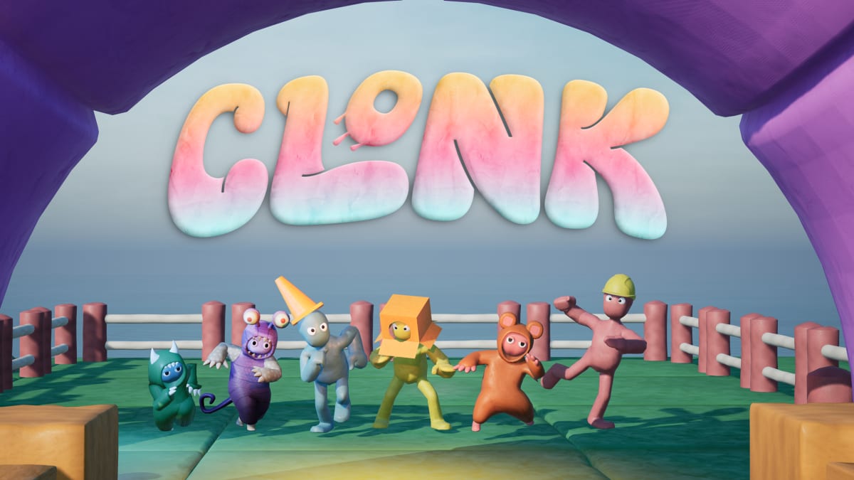 Pastel pink and blue rounded CLONK lettering above clay characters racing across a fenced course