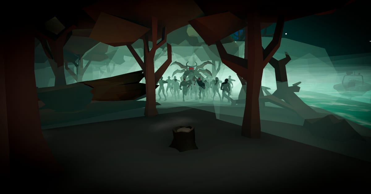 Frenzy Extinction forest map at night, with a spider-legged boss and a horde of Ridden looming in the fog