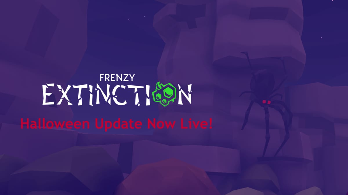 Frenzy Extinction Halloween Update Now Live banner over a purple-lit ruin with a giant spider
