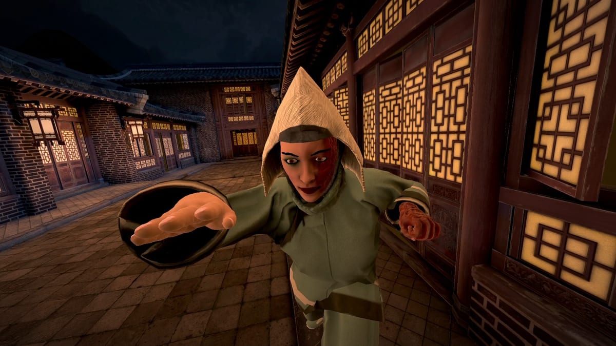 White Eagle in a pale hooded robe, arms outstretched mid-lunge in the lantern-lit courtyard