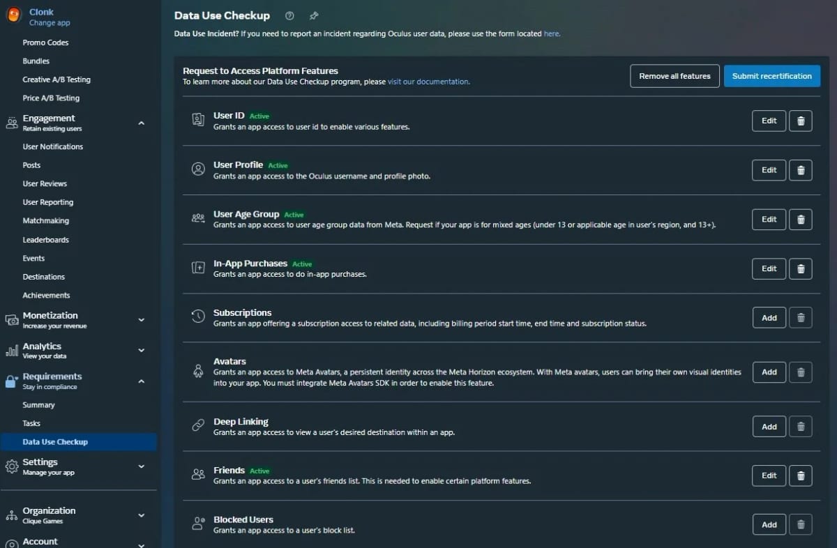 Data Use Checkup list with approved rows for User ID, User Profile, In-App Purchases, Avatars, Deep Linking, and Friends