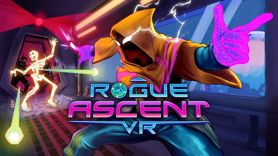 Rogue Ascent VR key art of a hooded hero throwing a glowing finger gun at a neon skeleton enemy
