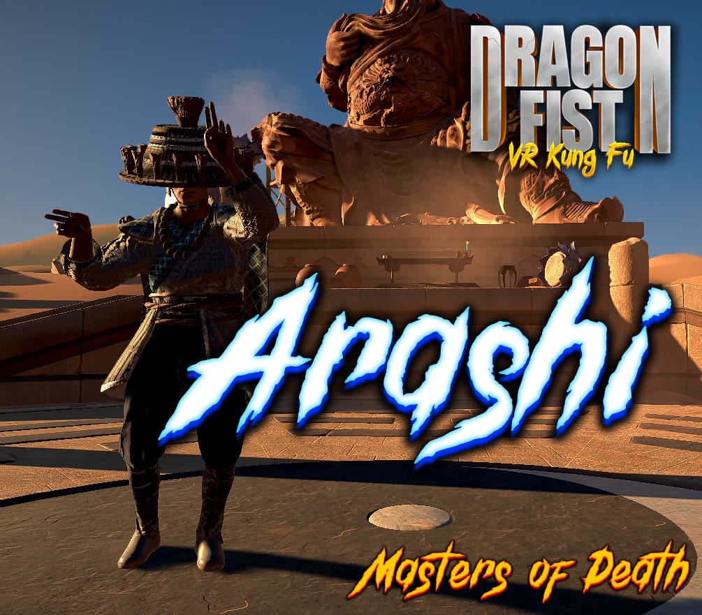 Arashi character card for the Masters of Death DLC, posed before a giant stone warrior statue in the desert shrine