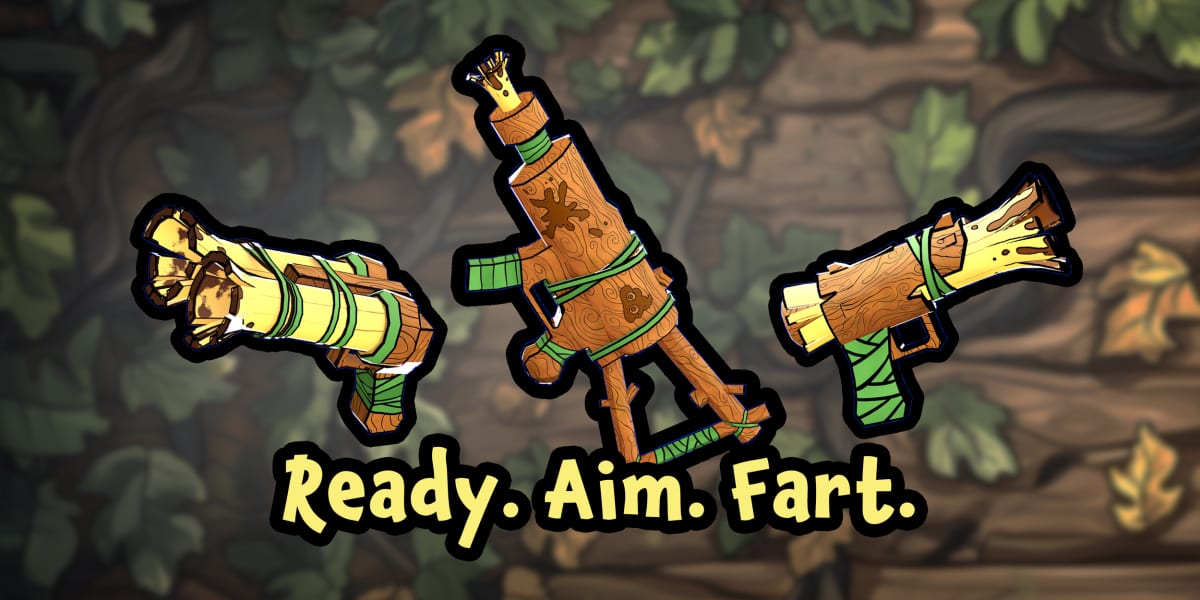 Monkey Doo Pew Pew weapons made of bamboo and vines under the tagline Ready. Aim. Fart.