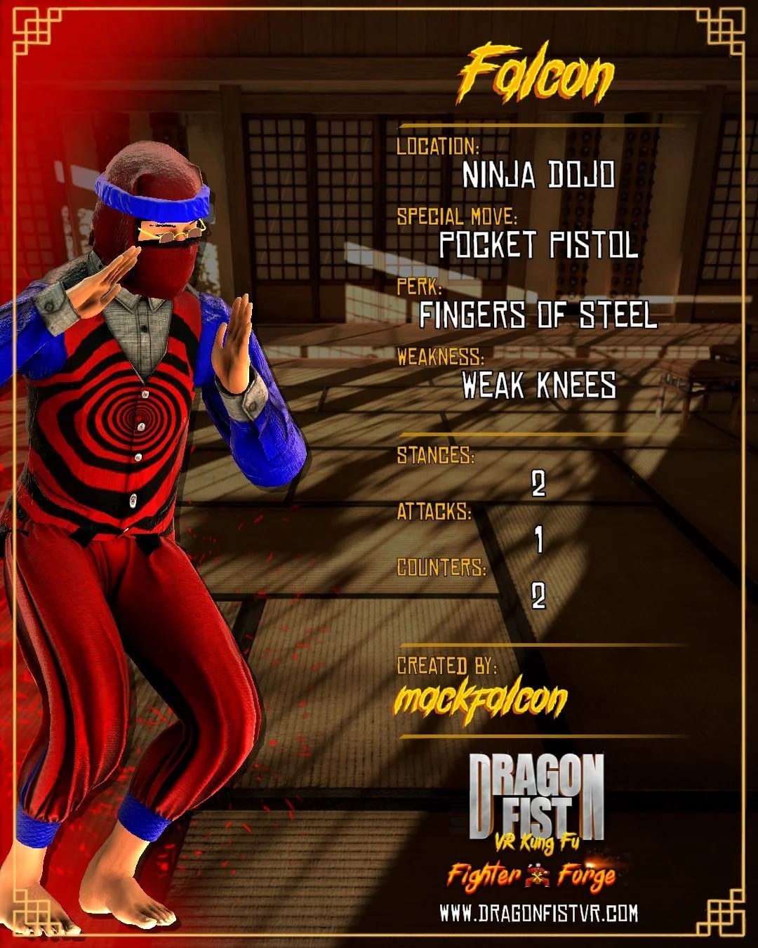 Gauntlet fighter card: a masked fighter in red and blue with a spiral chest emblem, special move Pocket Pistol