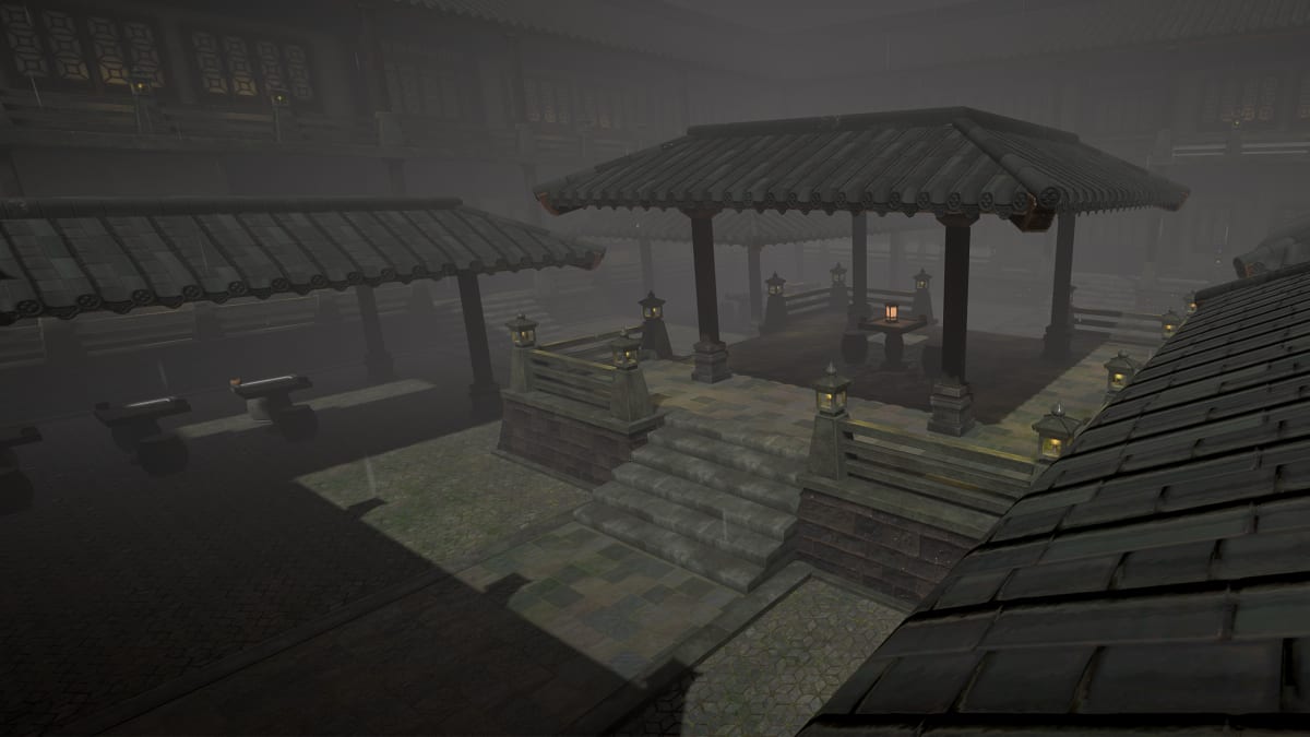 The Chess Court arena, a misty stone courtyard with tiled pavilions, lanterns and wide steps