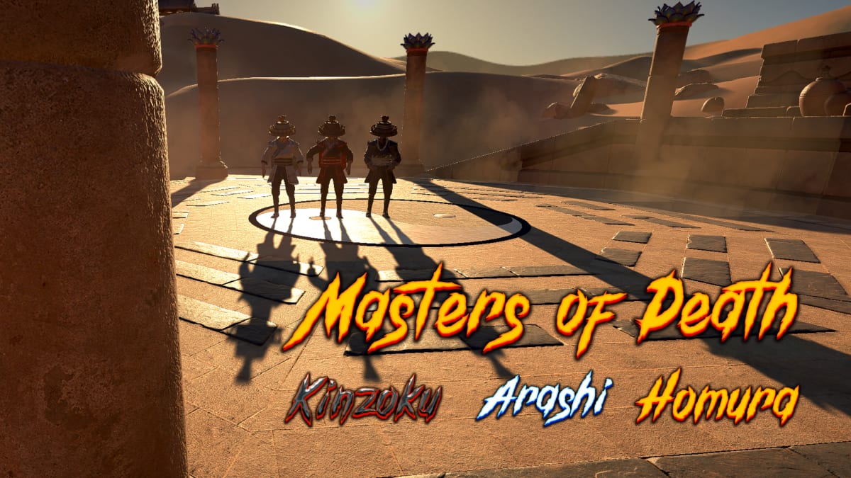 Three ronin standing in a sunlit sandstone shrine arena, long shadows stretched across the floor