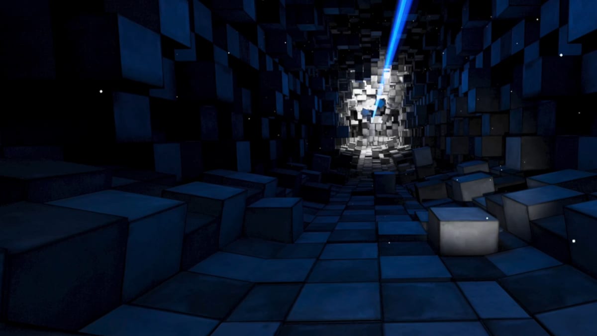 Blue-lit cubic chamber in Scared By Squares with a shaft of light spilling from a collapsing cluster of cubes ahead