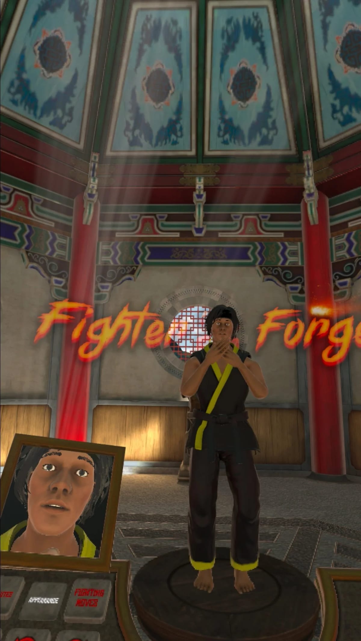 Fan-made fighter in a black gi with yellow trim on the Fighter Forge creator platform inside the temple