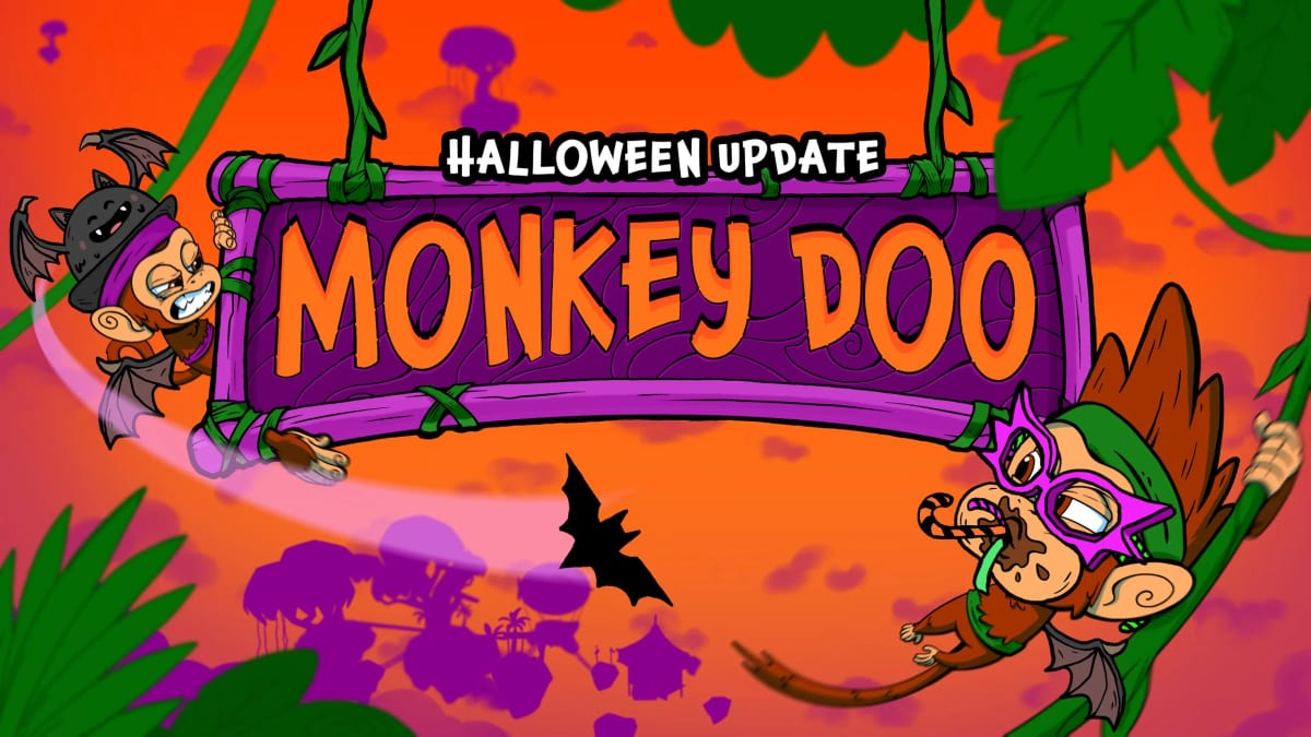 Monkey Doo Halloween Update banner with costumed monkeys flanking the logo against an orange and purple sky