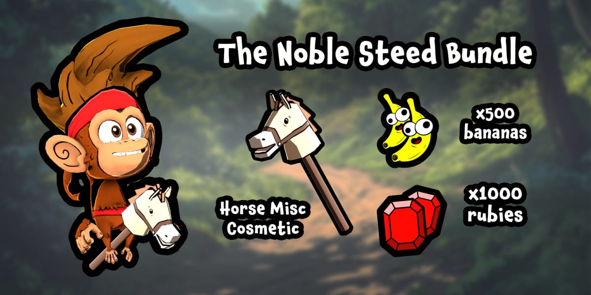 The Noble Steed Bundle art: a Monkey Doo monkey on a hobby horse with 500 bananas and 1000 rubies