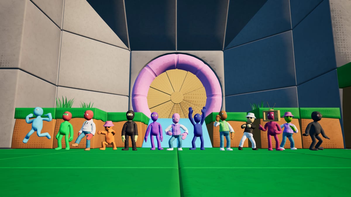 A lineup of colorful Clonk characters posing in front of a round golden door