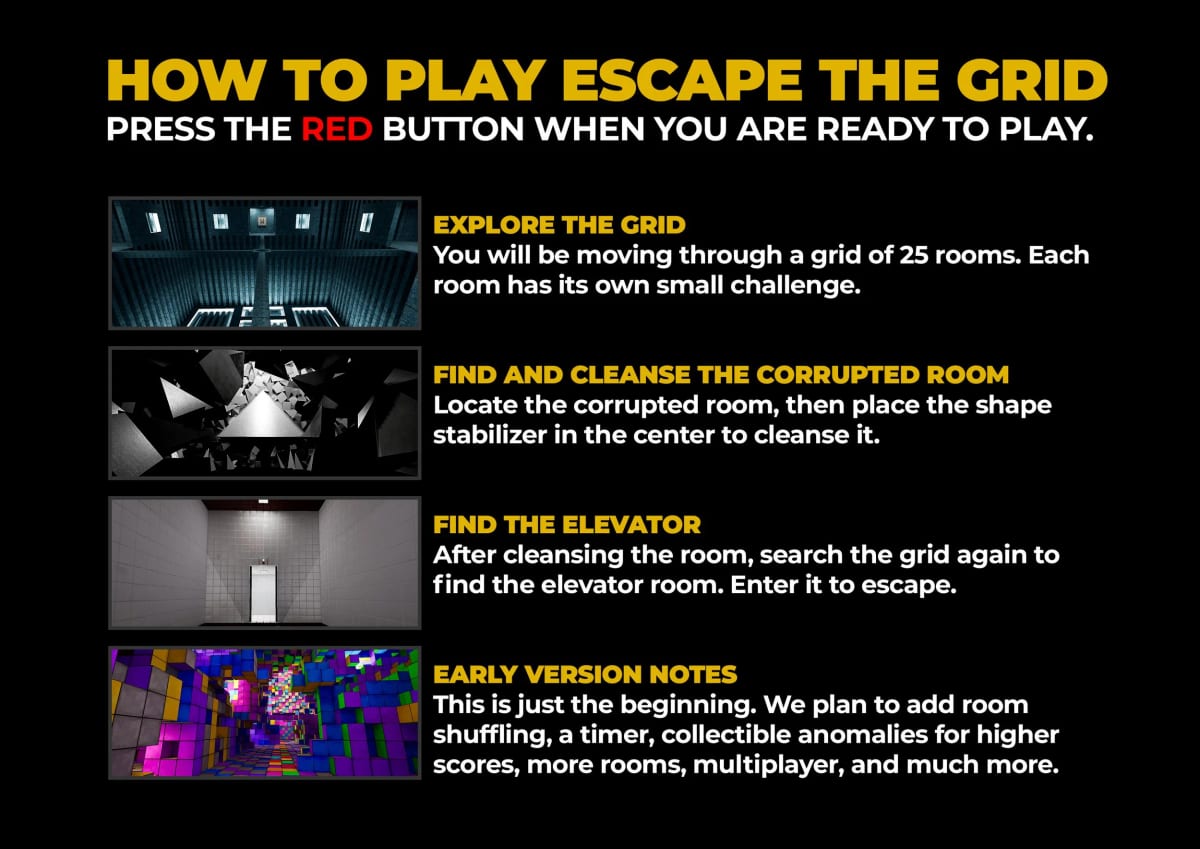 How to Play Escape the Grid: explore 25 rooms, cleanse the corrupted room, then find the elevator to escape