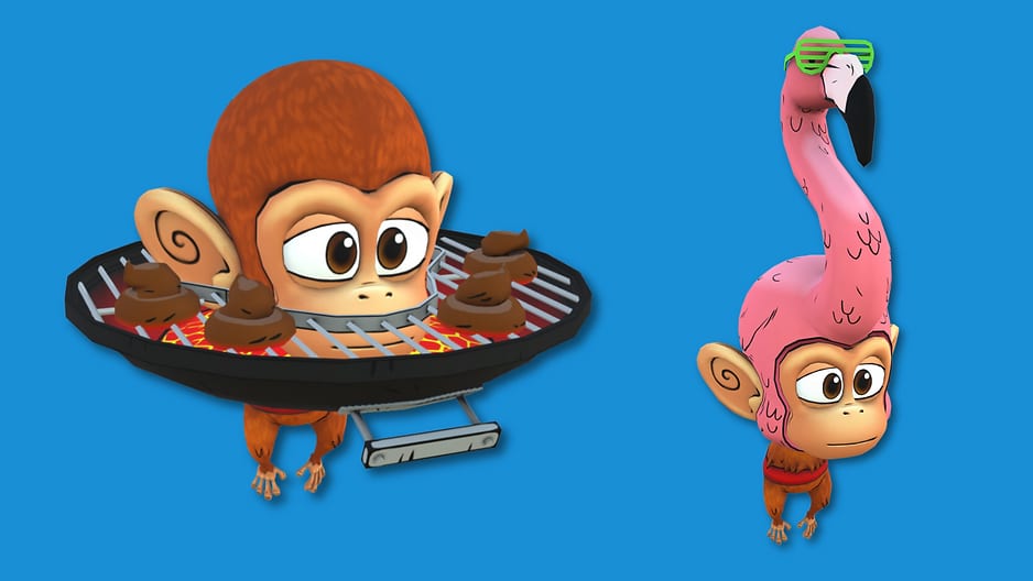 Summer Monkey Doo cosmetics: a monkey wearing a barbecue grill and a monkey hanging from a pink flamingo float