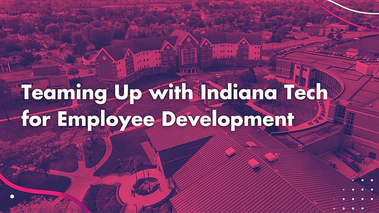 Aerial photo of the Indiana Tech campus tinted pink, titled Teaming Up with Indiana Tech for Employee Development