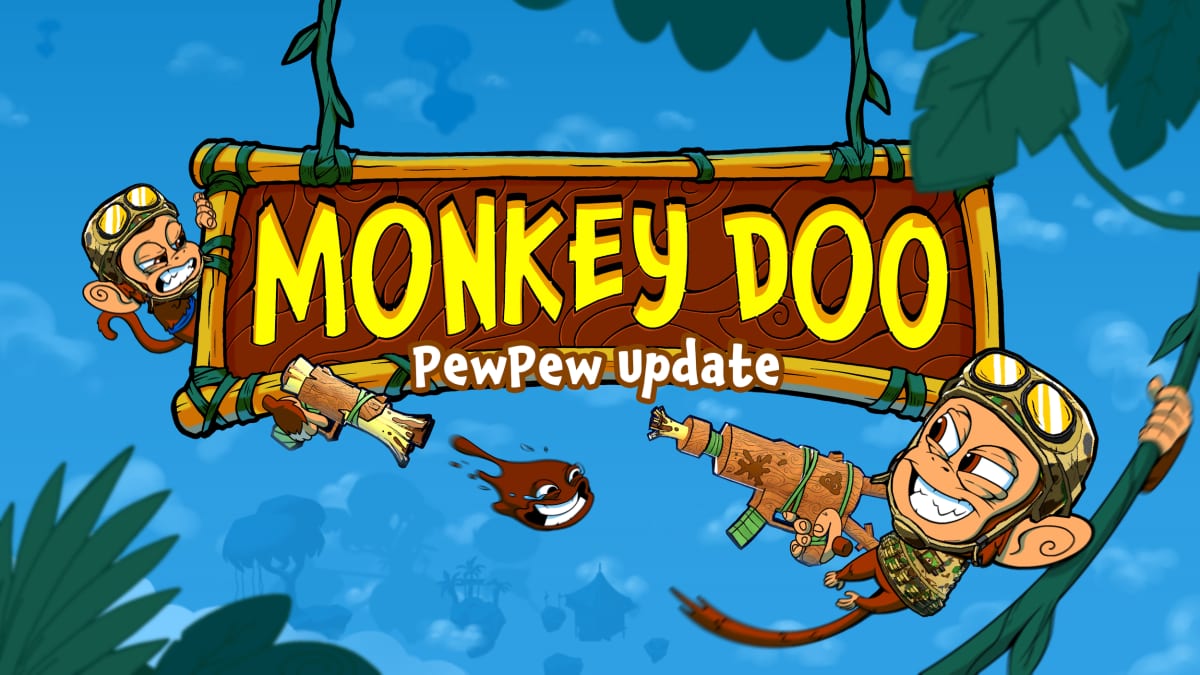 Monkey Doo PewPew Update key art with commando monkeys firing banana blasters on a jungle sign