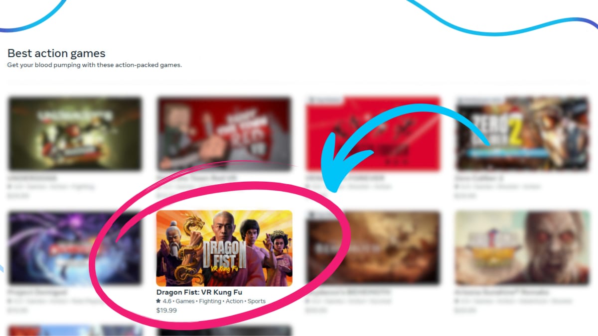 Meta Store Best action games row with Dragon Fist: VR Kung Fu circled and marked by an arrow