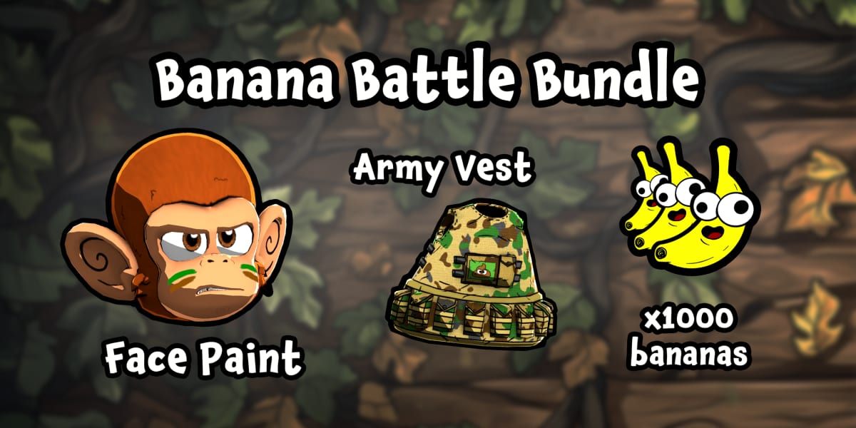 Monkey Doo Banana Battle Bundle contents: monkey face paint, an army vest and x1000 bananas