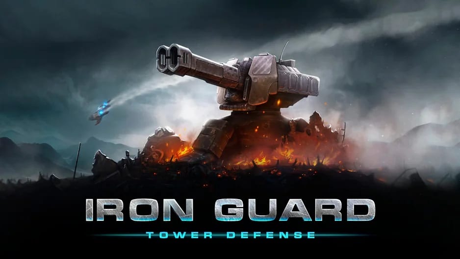 Iron Guard Tower Defense key art with a heavy turret firing across a smoldering battlefield