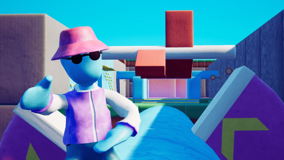 Blue clay character in a pink bucket hat and sunglasses giving a thumbs up in a bright arena
