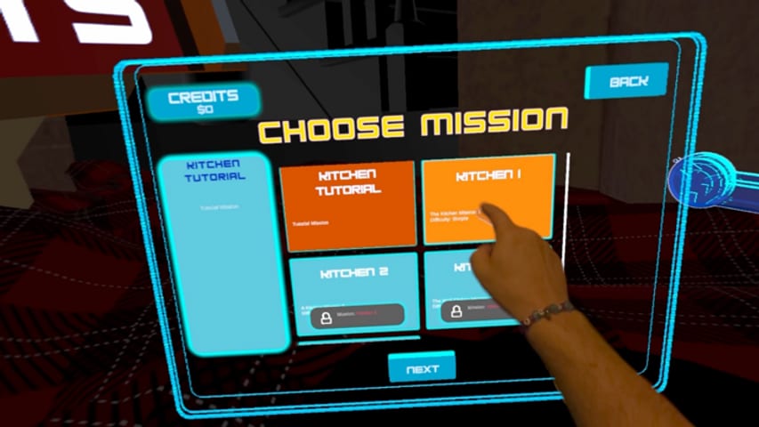 A bare hand taps the Small Bots Choose Mission menu, selecting Kitchen 1 on a floating blue panel