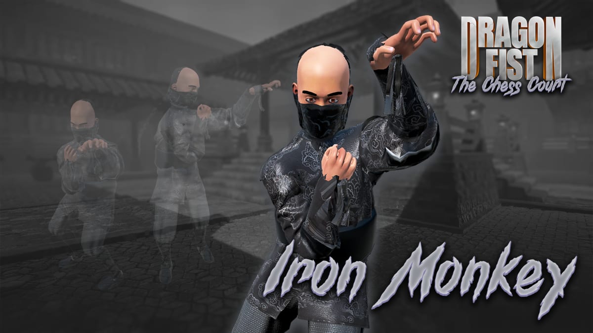 Iron Monkey, a bald fighter in a black face mask and dark patterned robes, fists ready