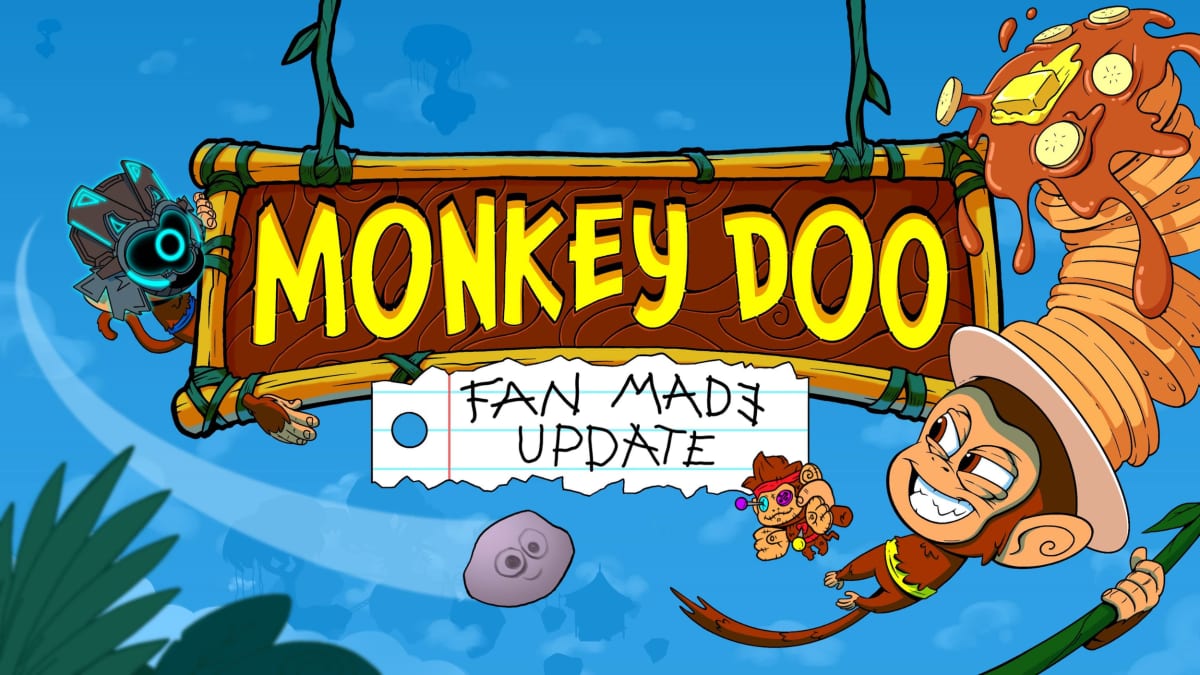 Monkey Doo Fan Made Update banner: the logo on a wooden jungle sign with monkeys swinging around it